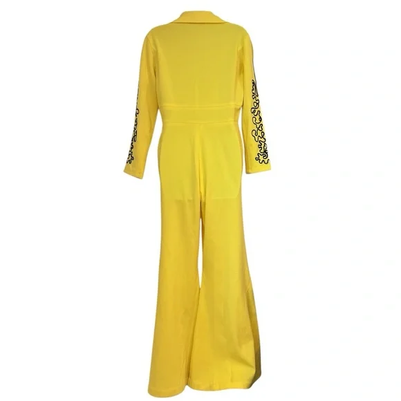 Fredrick’s of Hollywood Vintage 70s RARE Embroidered Bell Bottom Jumpsuit Yellow - Picture 6 of 14